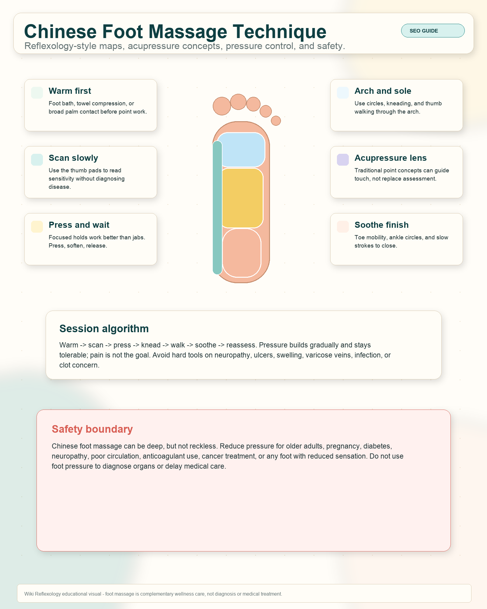 Premium educational reflexology infographic for Chinese Foot Massage Technique: Reflexology, Acupressure, and Safety.