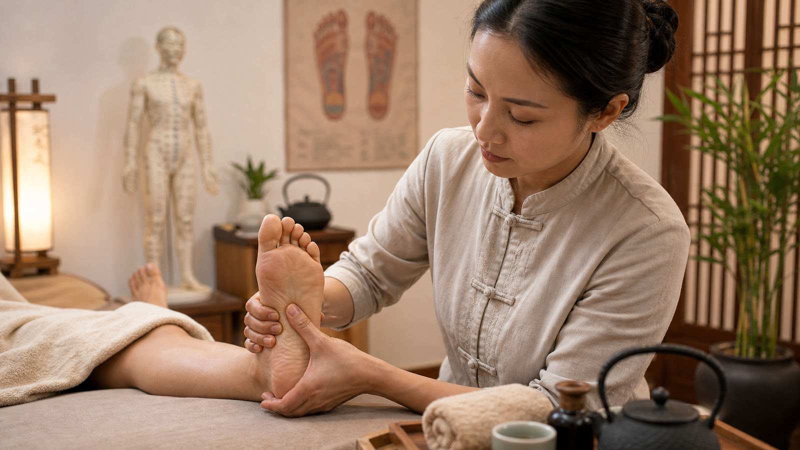 Ultra-realistic premium reflexology clinical photo for Chinese Foot Massage Technique: Reflexology, Acupressure, and Safety.