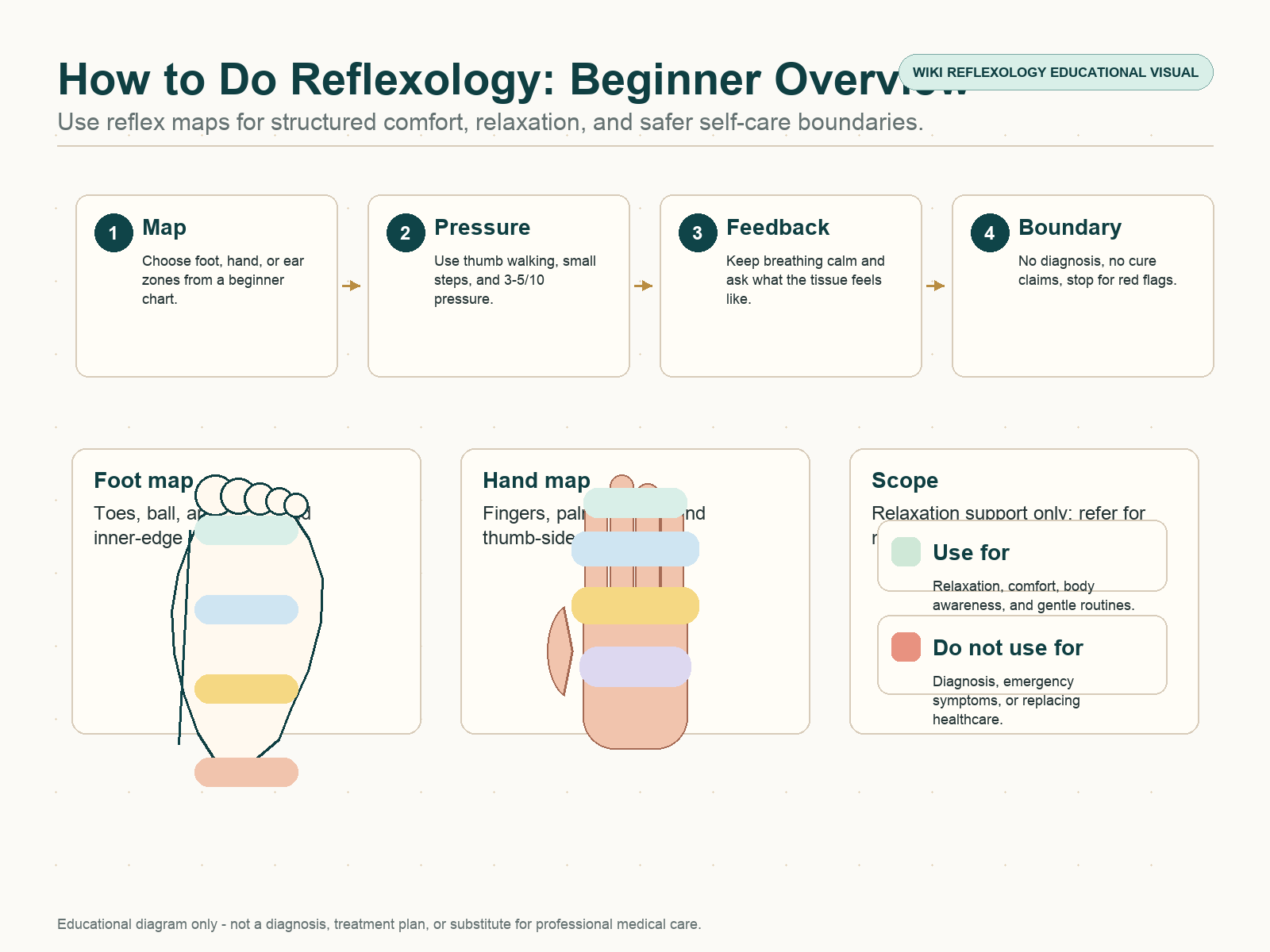 Beginner reflexology overview diagram showing comfort goals, foot hand and ear map areas, safety boundary, pressure rules, and no diagnosis warning.