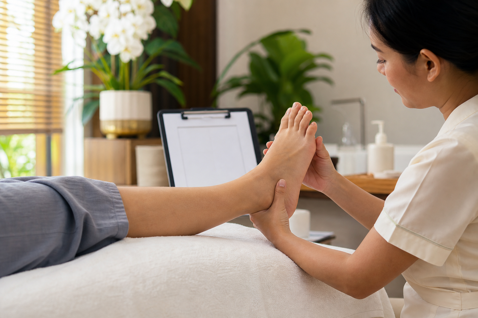 Realistic reflexology consultation photo with therapist supporting a foot and intake notes nearby.