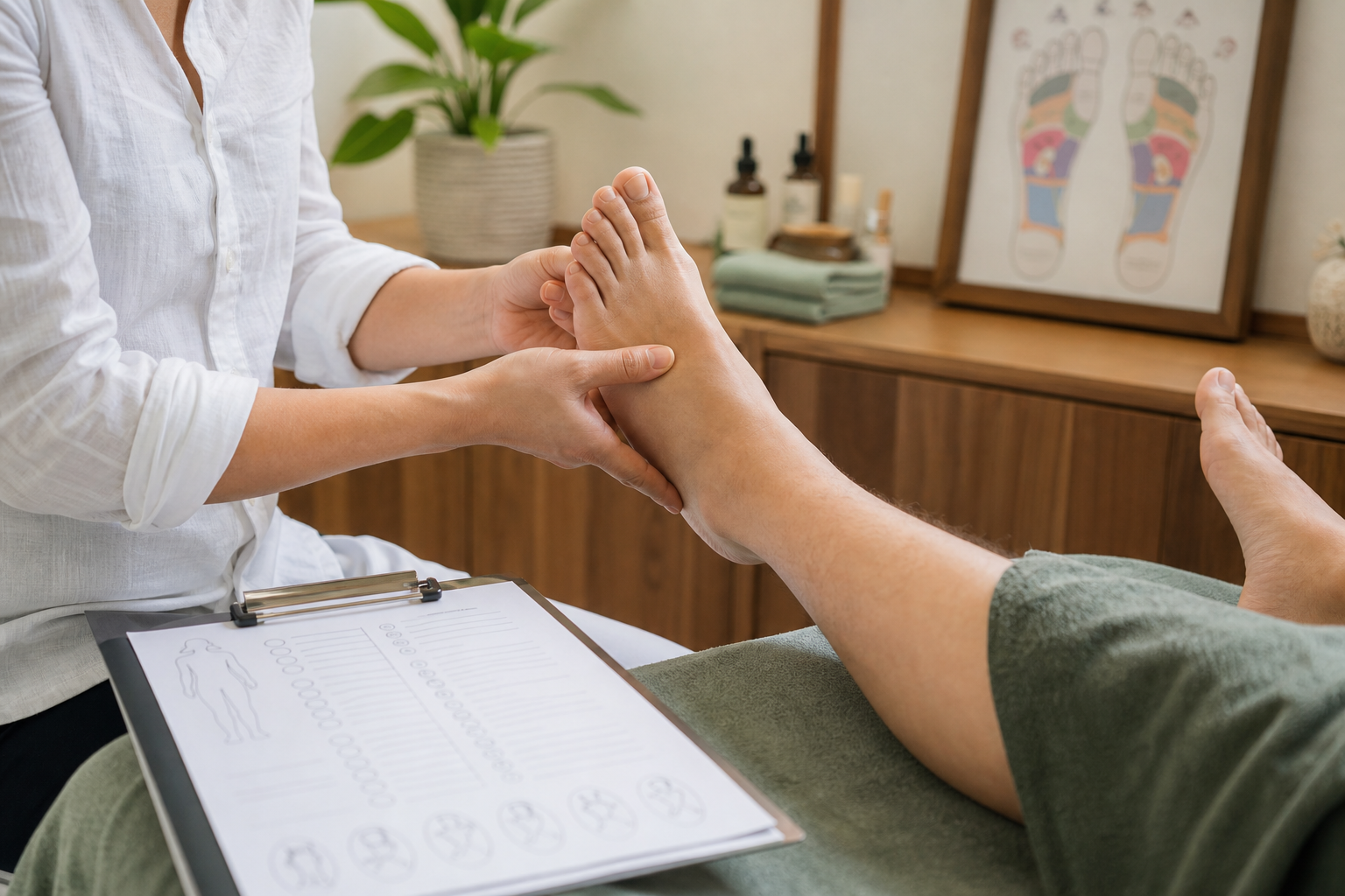 Realistic reflexology consultation photo with therapist supporting a foot and intake notes nearby.