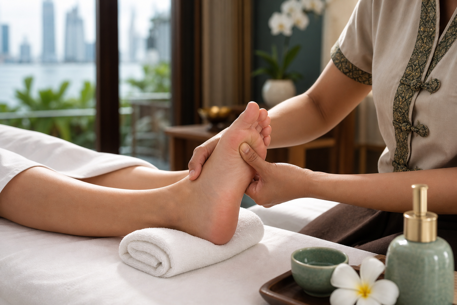 Ultra-realistic premium reflexology clinical photo for How Foot Reflexology May Calm Whole-Body Pain Through the Feet.