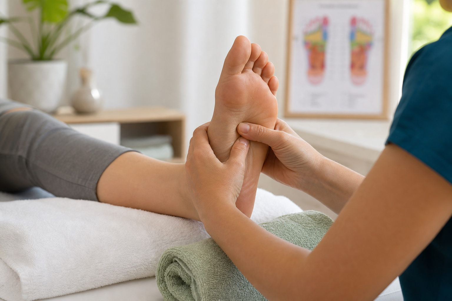 Ultra-realistic premium reflexology clinical photo for How Foot Reflexology May Calm Whole-Body Pain Through the Feet.