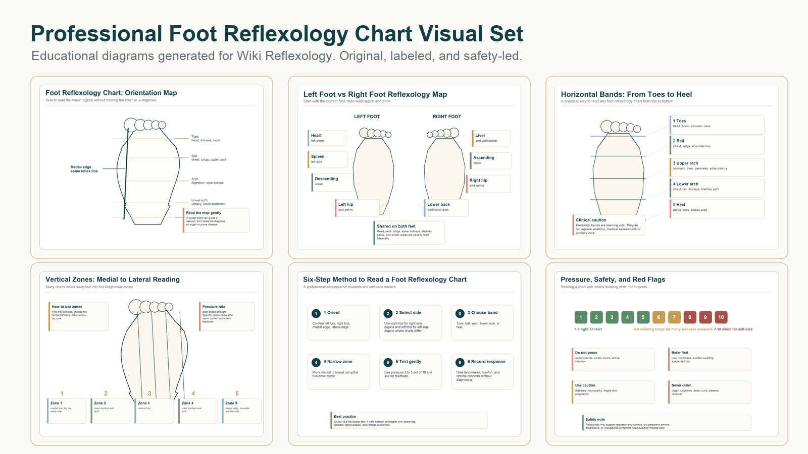 Contact sheet showing six professional foot reflexology chart diagrams for orientation, left and right mapping, horizontal bands, vertical zones, chart reading steps, and safety.