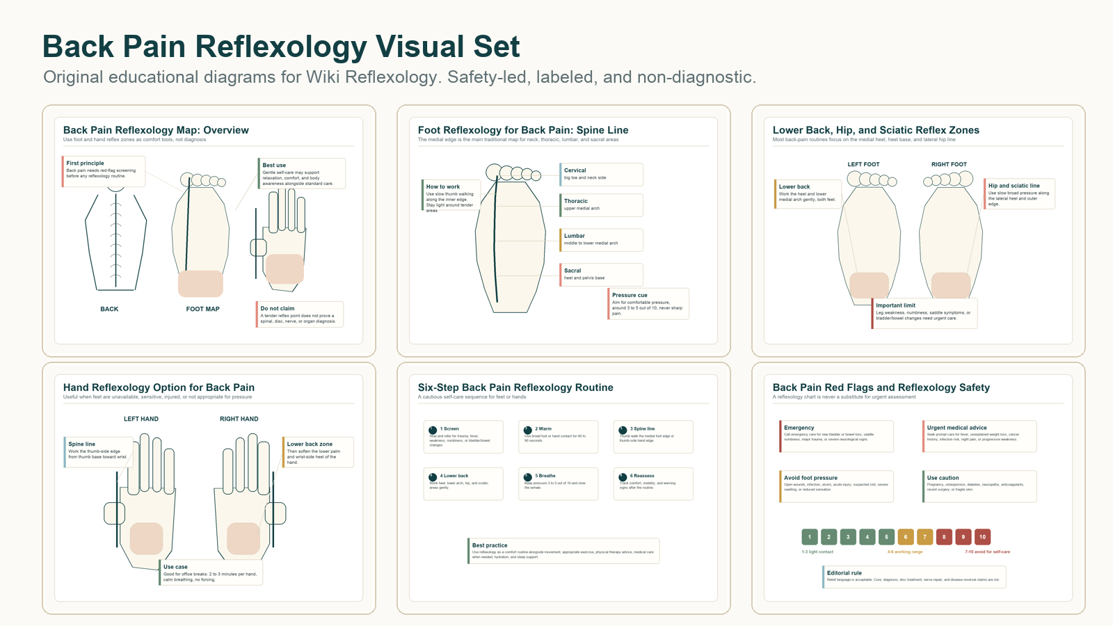 Contact sheet showing six professional back pain reflexology diagrams for foot and hand reflex zones, spine line, lower back, sciatic zones, routine steps, and safety red flags.