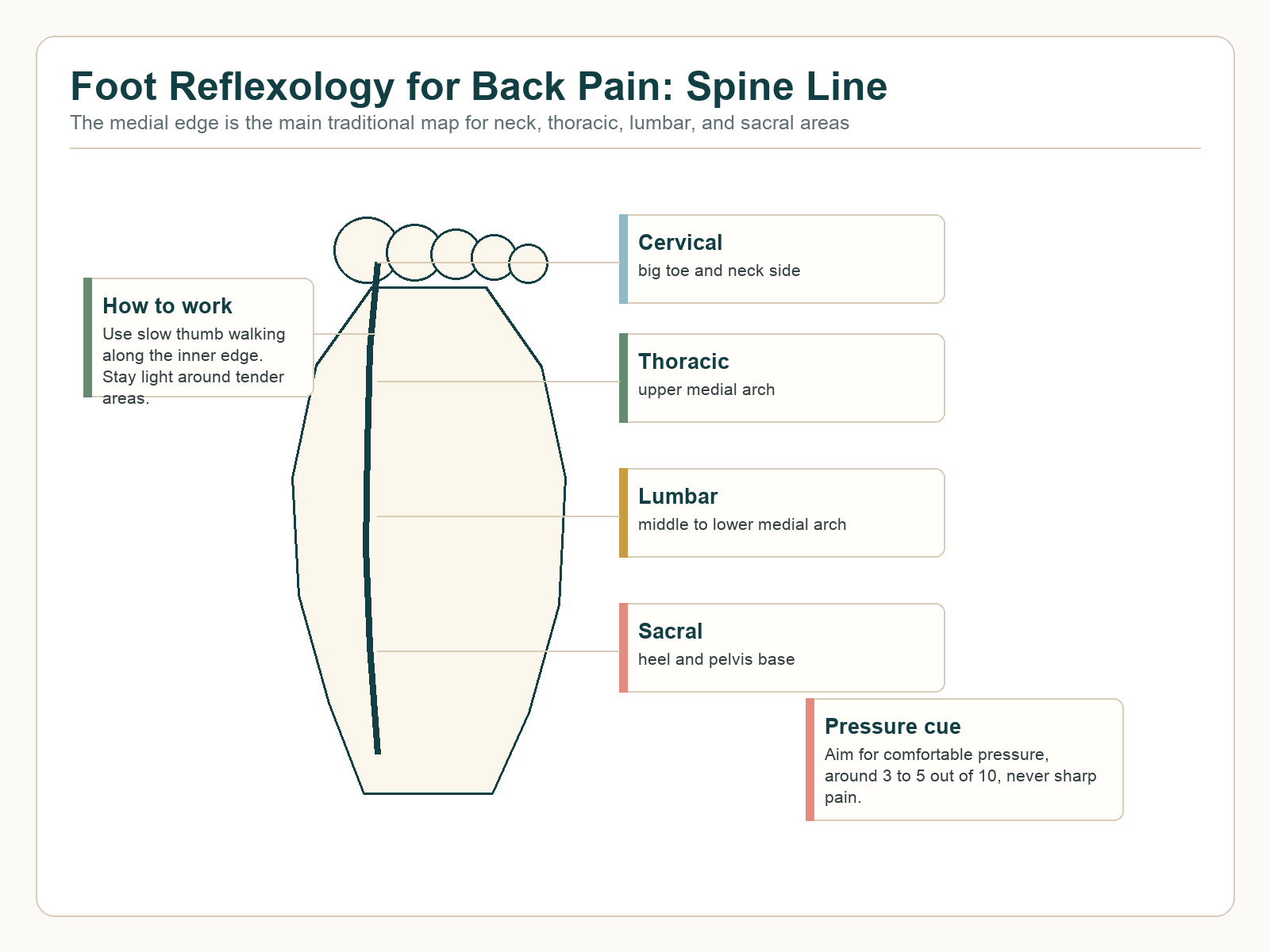 Foot reflexology spine line for back pain showing cervical, thoracic, lumbar, and sacral reflex areas along the medial edge of the foot.