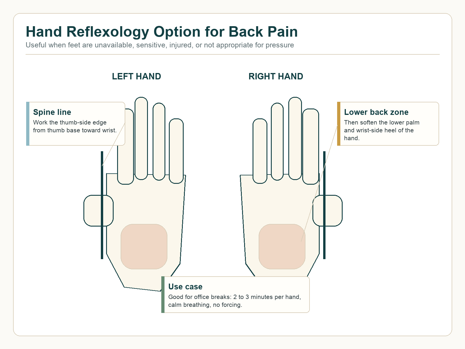 Hand reflexology option for back pain showing thumb-side spine line and lower palm back zones on both hands.