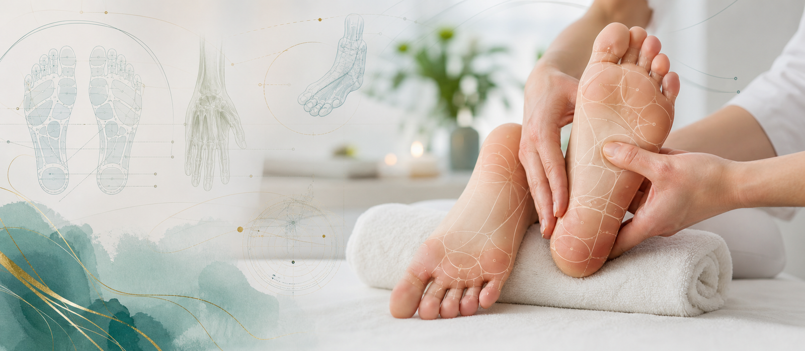 Premium clinical reflexology Resources banner with atlas-inspired therapeutic foot and hand imagery.