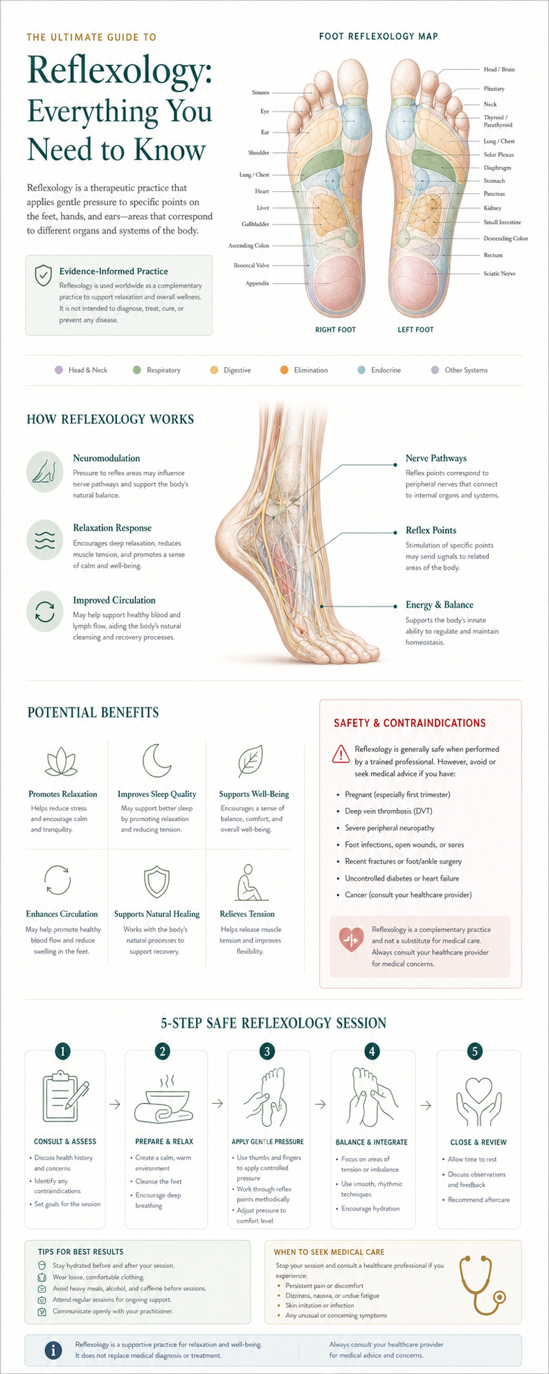 Premium educational reflexology infographic for The Ultimate Guide to Reflexology: Everything You Need to Know.