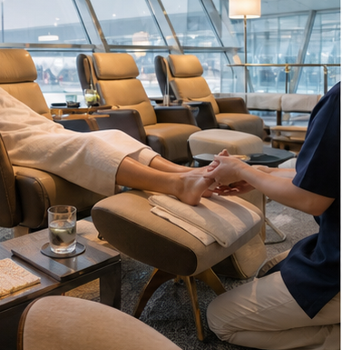 Representative Singapore reflexology lounge with reclining chairs and airport-spa feel.