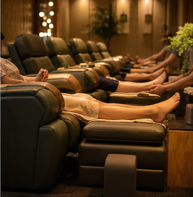 Representative Taipei foot massage lounge with rows of recliner chairs.