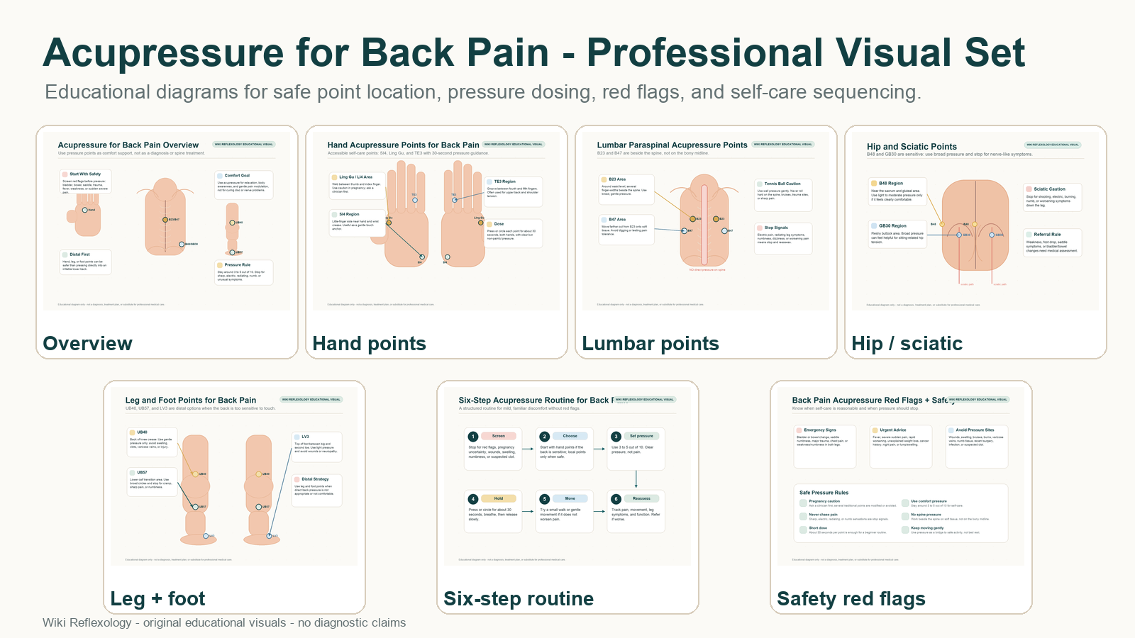 Contact sheet showing professional acupressure diagrams for back pain including hand points, lumbar paraspinal points, hip and sciatic points, leg and foot points, routine steps, and safety red flags.