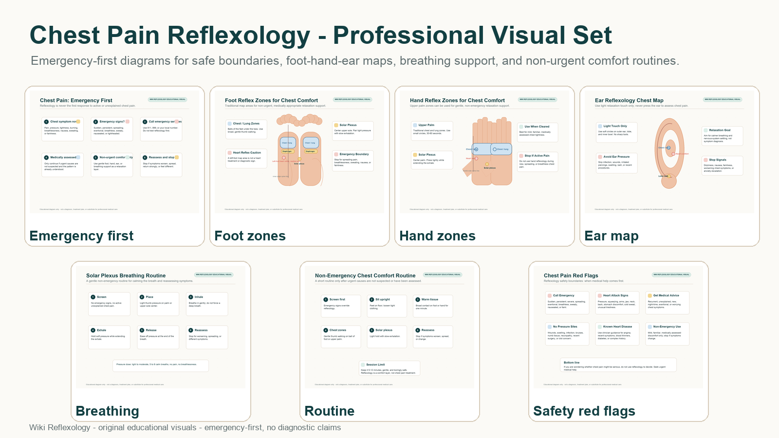 Contact sheet showing professional educational diagrams for reflexology and chest discomfort including emergency-first triage, foot chest lung and heart reflex zones, hand reflex zones, ear reflexology, breathing support, non-emergency routine, and red flags.