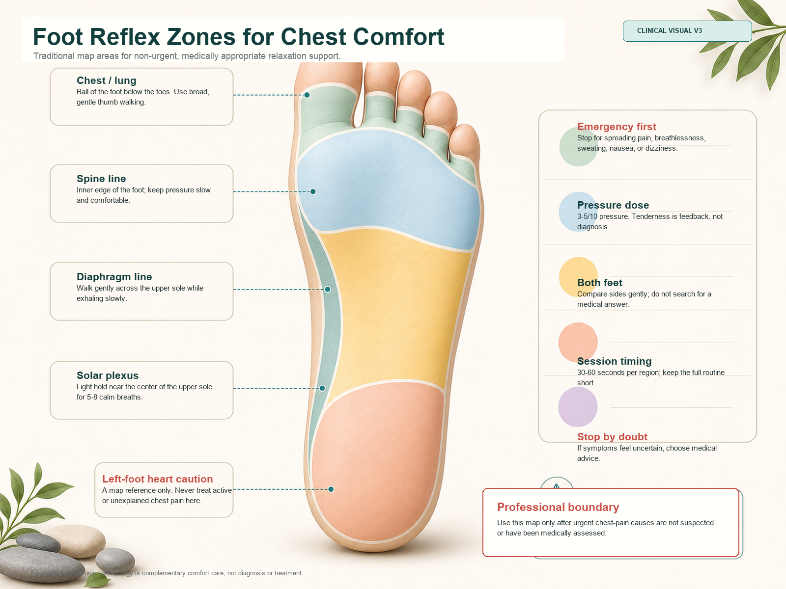 Foot reflexology diagram for non-urgent chest comfort showing chest and lung zones on the balls of the feet, left-foot heart reflex, solar plexus, diaphragm line, spine line, and digestive zones.