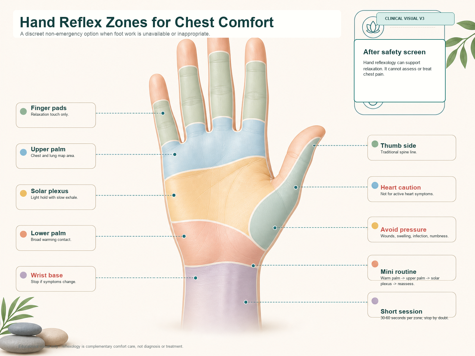 Hand reflexology diagram for non-urgent chest comfort showing upper palm chest and lung zones, heart reflex, solar plexus, spine line, and digestive zones with safety notes.