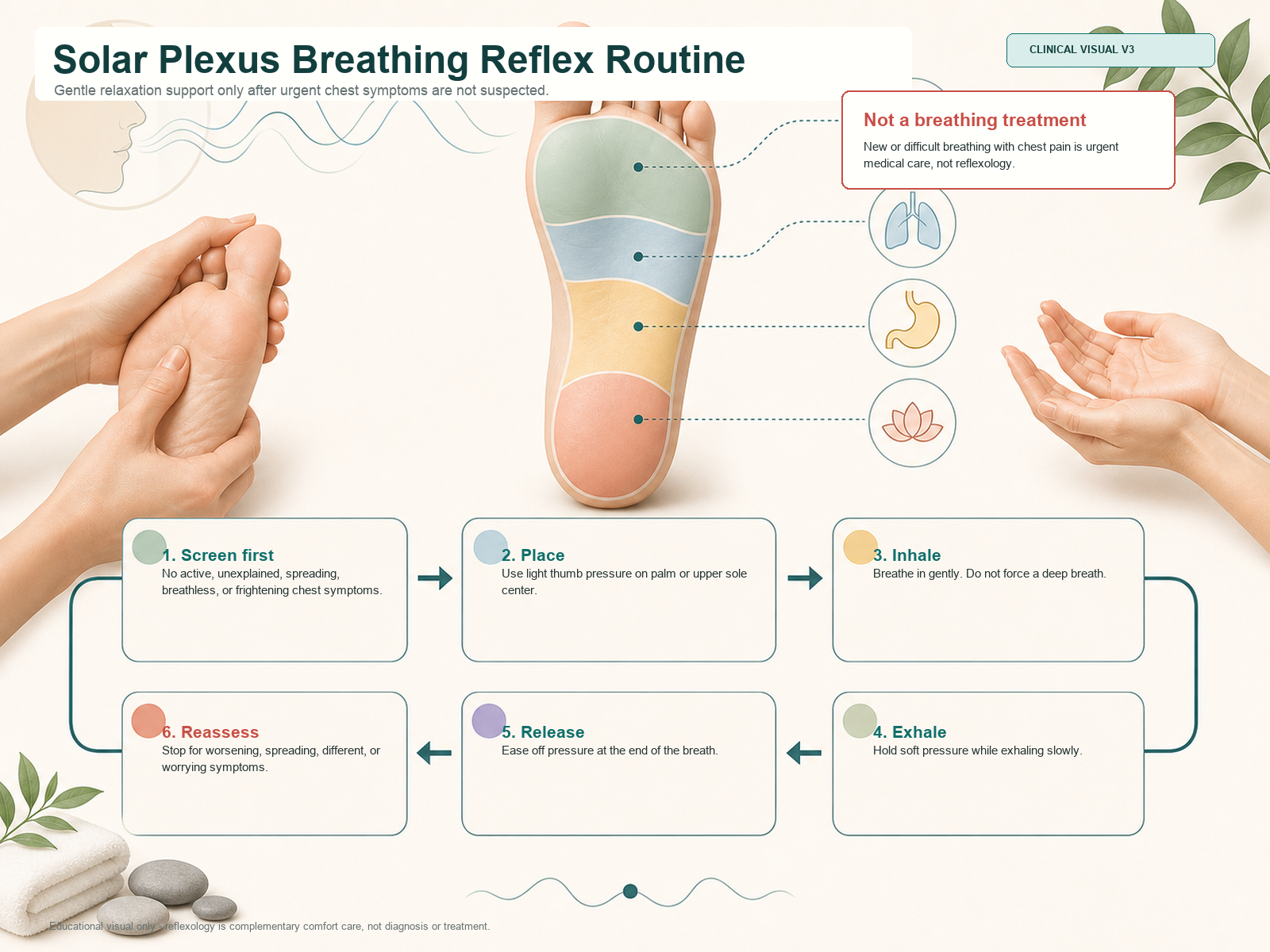 Solar plexus and diaphragm reflex breathing routine diagram showing gentle pressure, inhale, exhale, release, and reassess steps for non-urgent chest comfort.